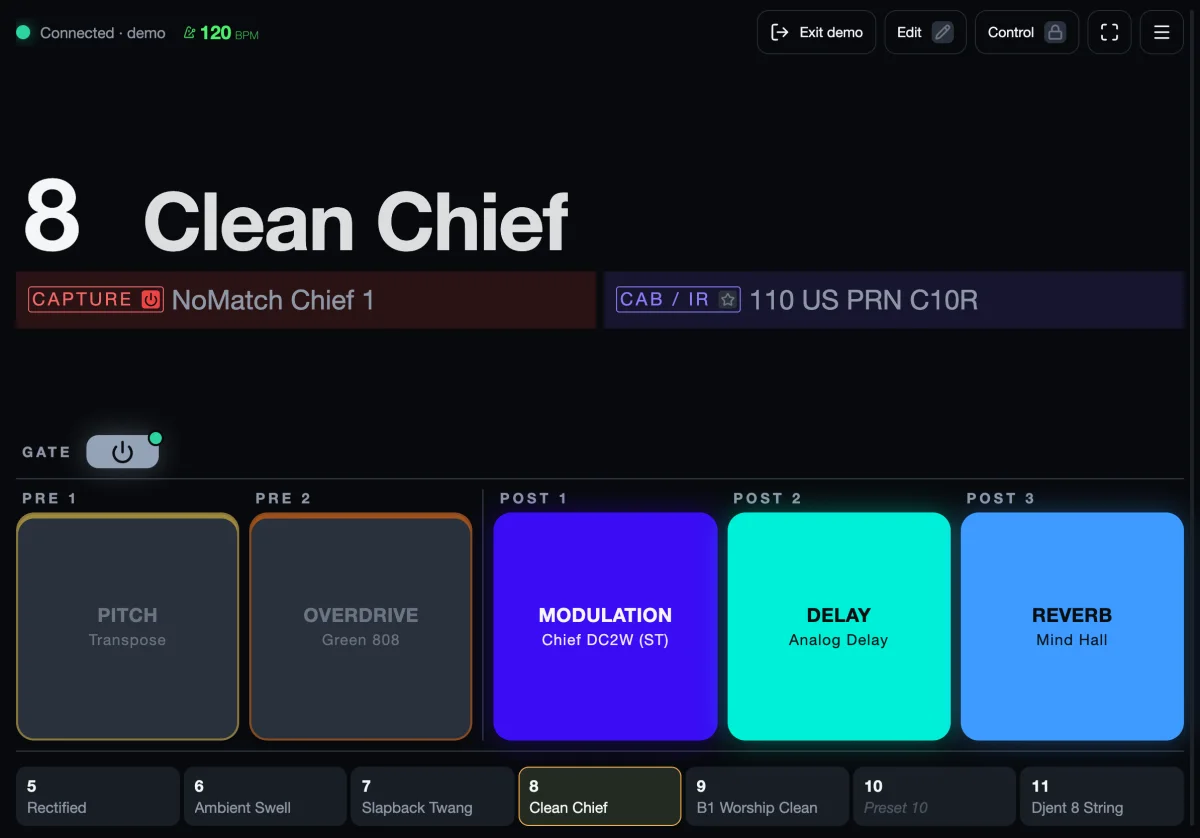 The web app on a tablet: preset 8, Clean Chief, with its capture, IR, gate and five FX blocks